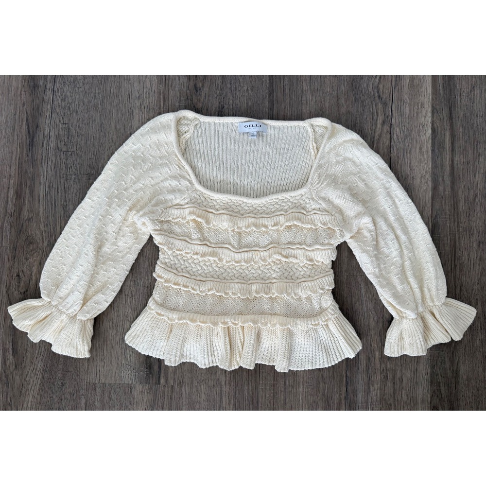 Gilli Ivory Ruffle Cable Knit Peplum Sweater Top Women's Small Cottagecore